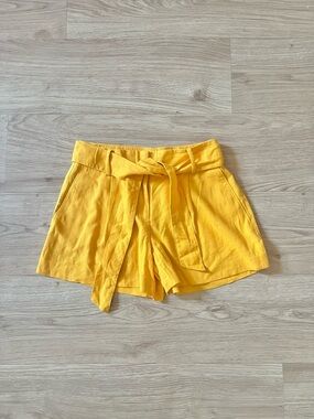 Ann Taylor Factory Yellow Linen Blend Striped High Rise Belted Shorts